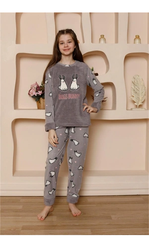 Moda Çizgi Kız Çocuk WelSoft Polar Gri Pijama Takımı 20524
