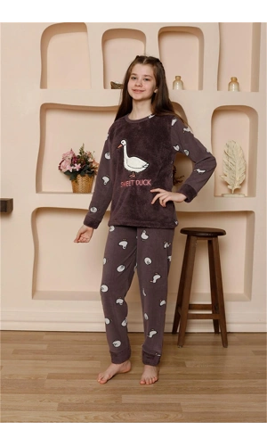 Moda Çizgi Kız Çocuk WelSoft Polar Mürdüm Pijama Takımı 20525