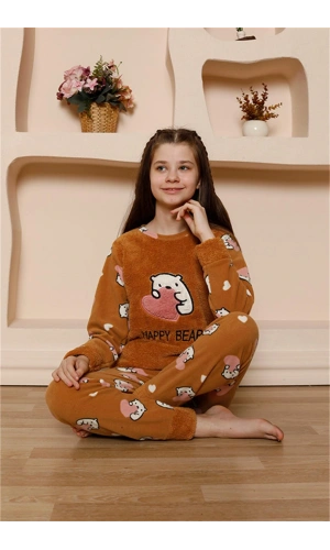 Moda Çizgi Kız Çocuk WelSoft Polar Sütlü Kahve Pijama Takımı 20523