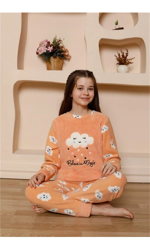 Moda Çizgi Kız Çocuk WelSoft Polar Turuncu Pijama Takımı 20527