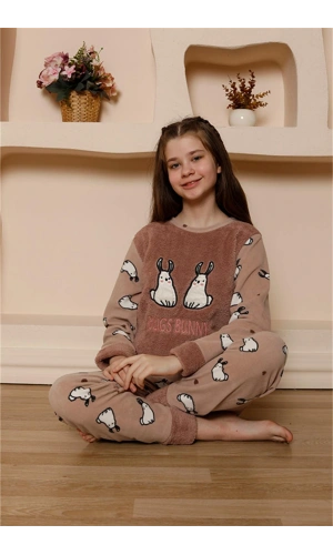 Moda Çizgi Kız Çocuk WelSoft Polar Vizon Pijama Takımı 20524