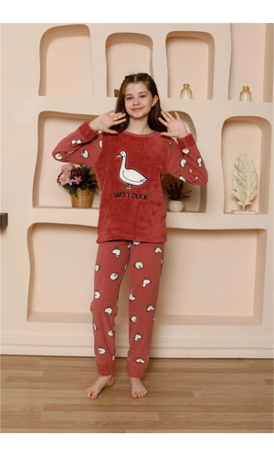 Moda Çizgi Kız Çocuk WelSoft Polar Vizon Pijama Takımı 20525