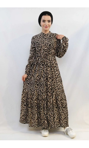 Moda Çizgi Leopar Desenli Elbise