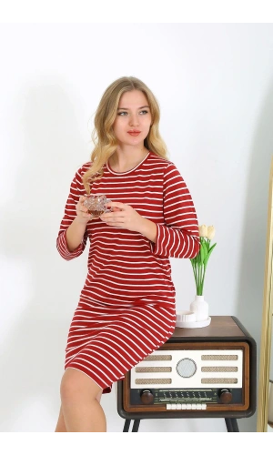 Moda Çizgi Pamuk Ev Elbisesi Tunik Gecelik Kırmızı 13132