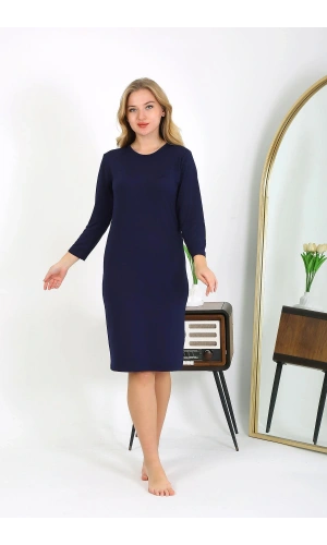 Moda Çizgi Pamuk Ev Elbisesi Tunik Gecelik Lacivert 13132