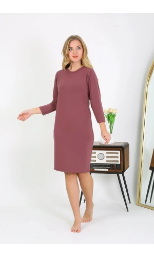 Moda Çizgi Pamuk Ev Elbisesi Tunik Gecelik Mürdüm 13132