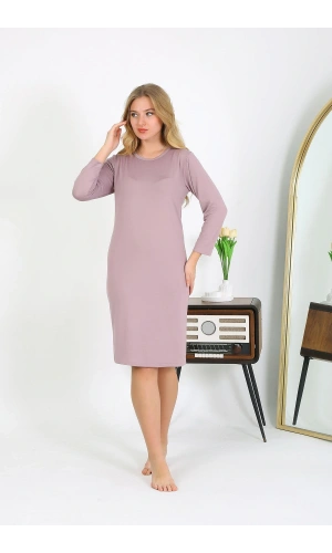 Moda Çizgi Pamuk Ev Elbisesi Tunik Gecelik Pudra 13132