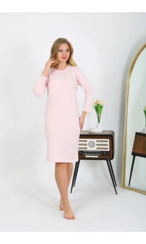 Moda Çizgi Pamuk Ev Elbisesi Tunik Gecelik Somon 13132