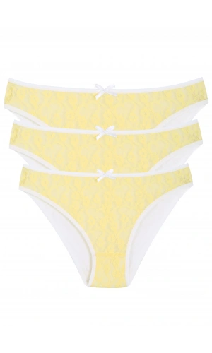 Moda Çizgi Pamuklu Dantelli 3lü Külot Sarı 40258