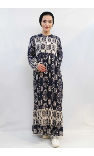 Moda Çizgi Papatya Desen Elbise Lacivert