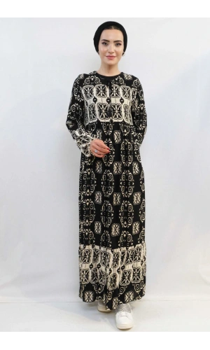 Moda Çizgi Papatya Desen Elbise Siyah