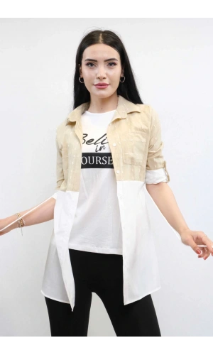 Moda Çizgi Pıt Pıt Desen İkili Takım Bej