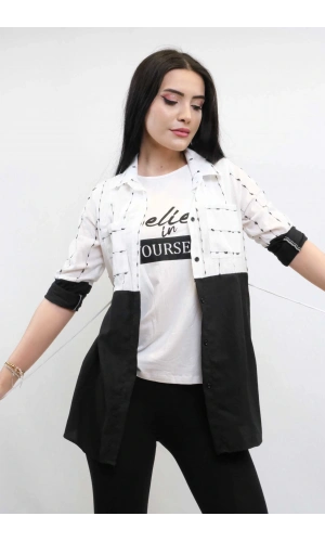 Moda Çizgi Pıt Pıt Desen İkili Takım Siyah