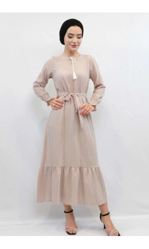 Moda Çizgi Pıt Pıt Elbise Bej