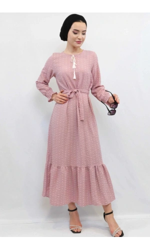 Moda Çizgi Pıt Pıt Elbise Gül Kurusu