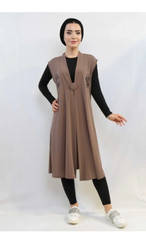 Moda Çizgi Pullu Nakış İşlemeli Yelek Mc724 Bej