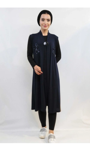 Moda Çizgi Pullu Nakış İşlemeli Yelek Mc724 Lacivert