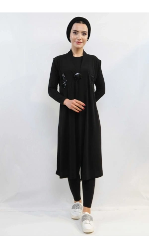 Moda Çizgi Pullu Nakış İşlemeli Yelek Mc724 Siyah