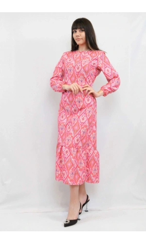 Moda Çizgi Şal Desen Elbise Fuşya