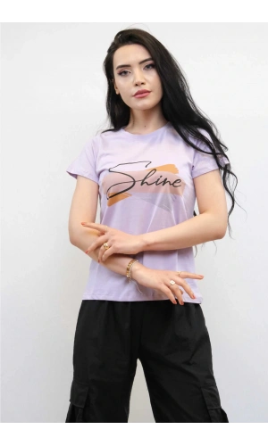 Moda Çizgi Shine Baskılı Tshirt Lila