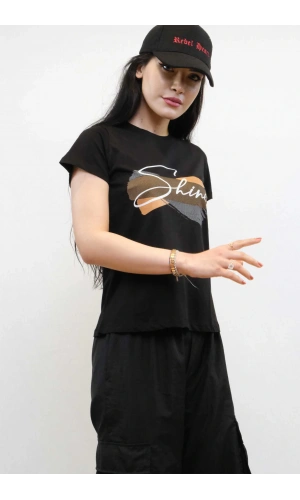 Moda Çizgi Shine Baskılı Tshirt Siyah