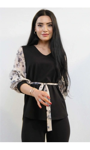 Moda Çizgi Şifon Kol Bluz Siyah