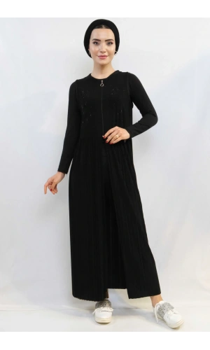 Moda Çizgi Taş işlemeli Piliseli Yelek Siyah MC727