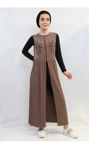 Moda Çizgi Taş işlemeli Piliseli Yelek Vizon MC727