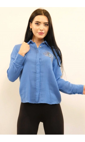 Moda Çizgi Taşlı  Keten Gömlek MC2301 İndigo