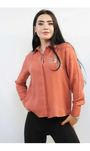 Moda Çizgi Taşlı  Keten Gömlek MC2301 Mercan
