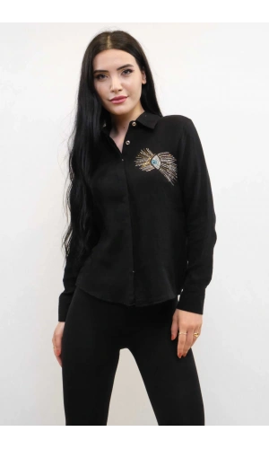 Moda Çizgi Taşlı  Keten Gömlek MC2301 Siyah