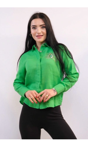 Moda Çizgi Taşlı  Keten Gömlek MC2301 Yeşil