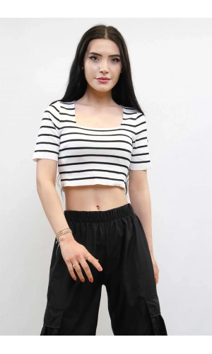 Moda Çizgi Triko Crop Çizgili  Beyaz
