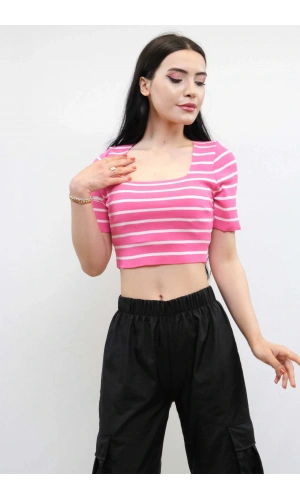 Moda Çizgi Triko Crop Çizgili Pembe