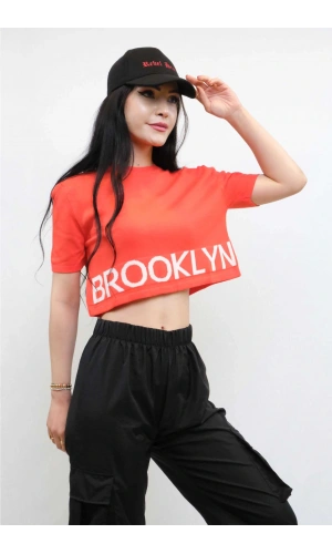 Moda Çizgi Triko Crop Turuncu