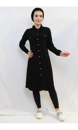 Moda Çizgi Tunik Gömlek Siyah