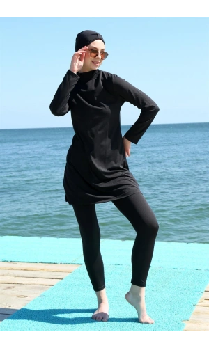 Moda Çizgi Uzun Kol Likralı Siyah Tesettür Mayo 31055