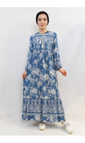 Moda Çizgi Vintage Desen Elbise Mavi