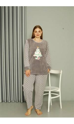 Moda Çizgi Welsoft Polar Kadın Büyük Beden Gri Pijama Takımı 808048