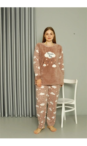 Moda Çizgi Welsoft Polar Kadın Büyük Beden Sütlü Kahve Pijama Takımı 808044