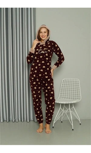 Moda Çizgi Welsoft Polar Kadın Kapşonlu Pijama Takımı 8513