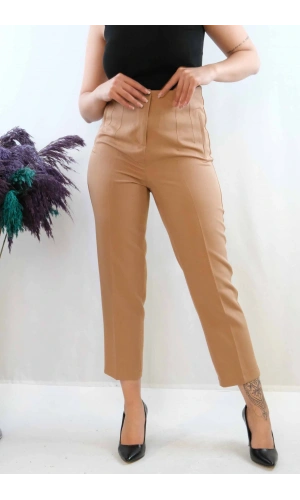 Moda Çizgi Yüksek Bel Pantolon Vizon