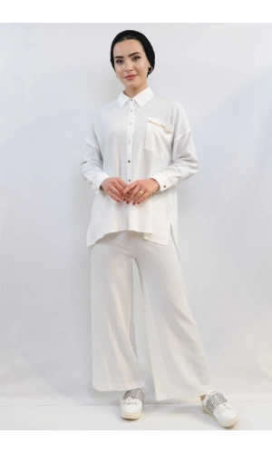 Moda Çizgi Zincir Aksesuarlı İkili Takım  Beyaz