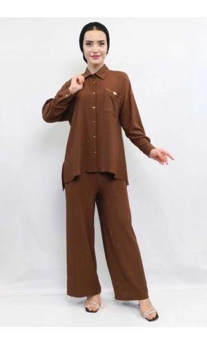 Moda Çizgi Zincir Aksesuarlı İkili Takım  Kahve