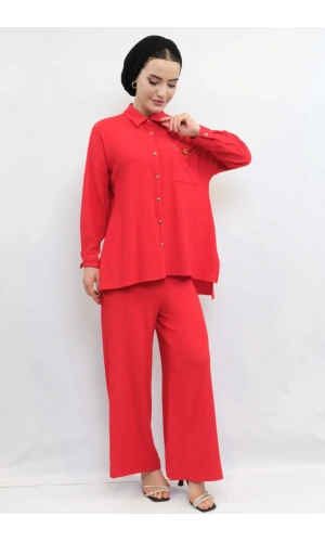 Moda Çizgi Zincir Aksesuarlı İkili Takım  Kırmızı
