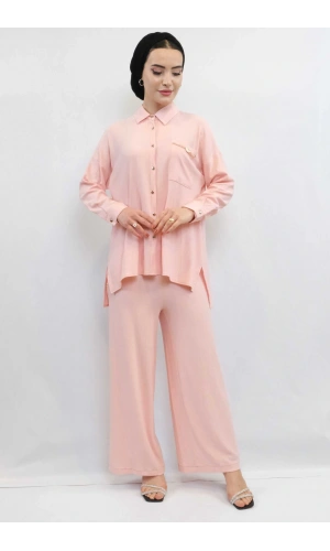 Moda Çizgi Zincir Aksesuarlı İkili Takım Pudra