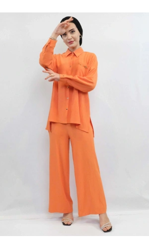 Moda Çizgi Zincir Aksesuarlı İkili Takım Turuncu