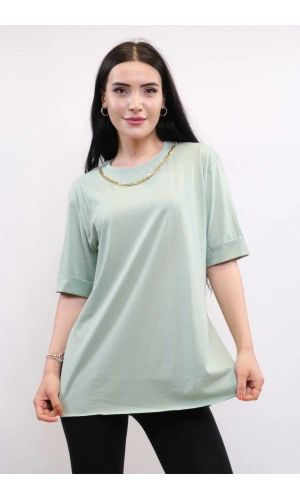 Moda Çizgi Zincir Aksesuarlı Tshirt Mint