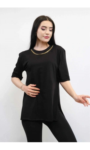 Moda Çizgi Zincir Aksesuarlı Tshirt Siyah