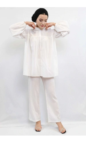 Moda Çizgili Robalı İkili Takım Ekru